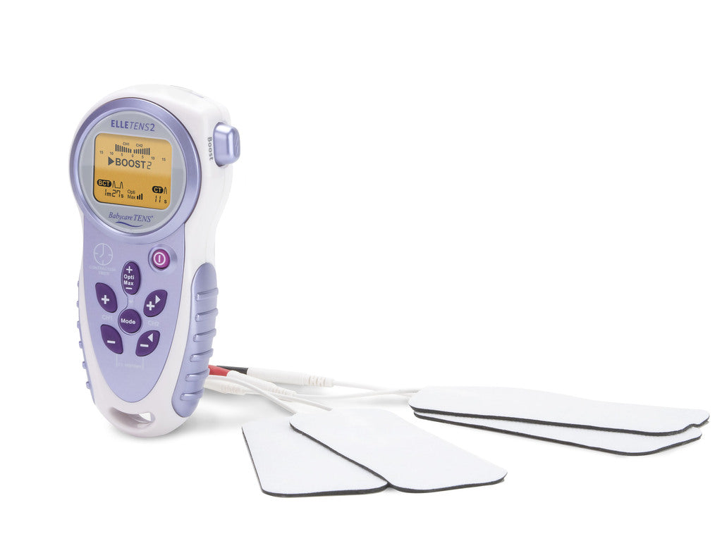 Image of Babycare Elle Tens 2 machine with electrodes attached. Built in contraction timer