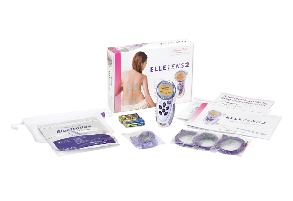 Image showing Babycare Elle Tens2  machine with box. Lead wires, batteries, electrodes, carry pouch, neck cord, instructions for use and womens guide to drug free pain relief