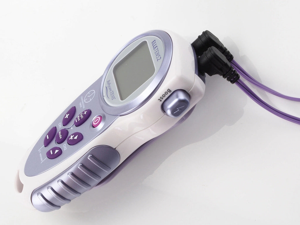 Image of side of Babycare Elle Tens 2 machine with boost button on display. Electrodes attached to unit