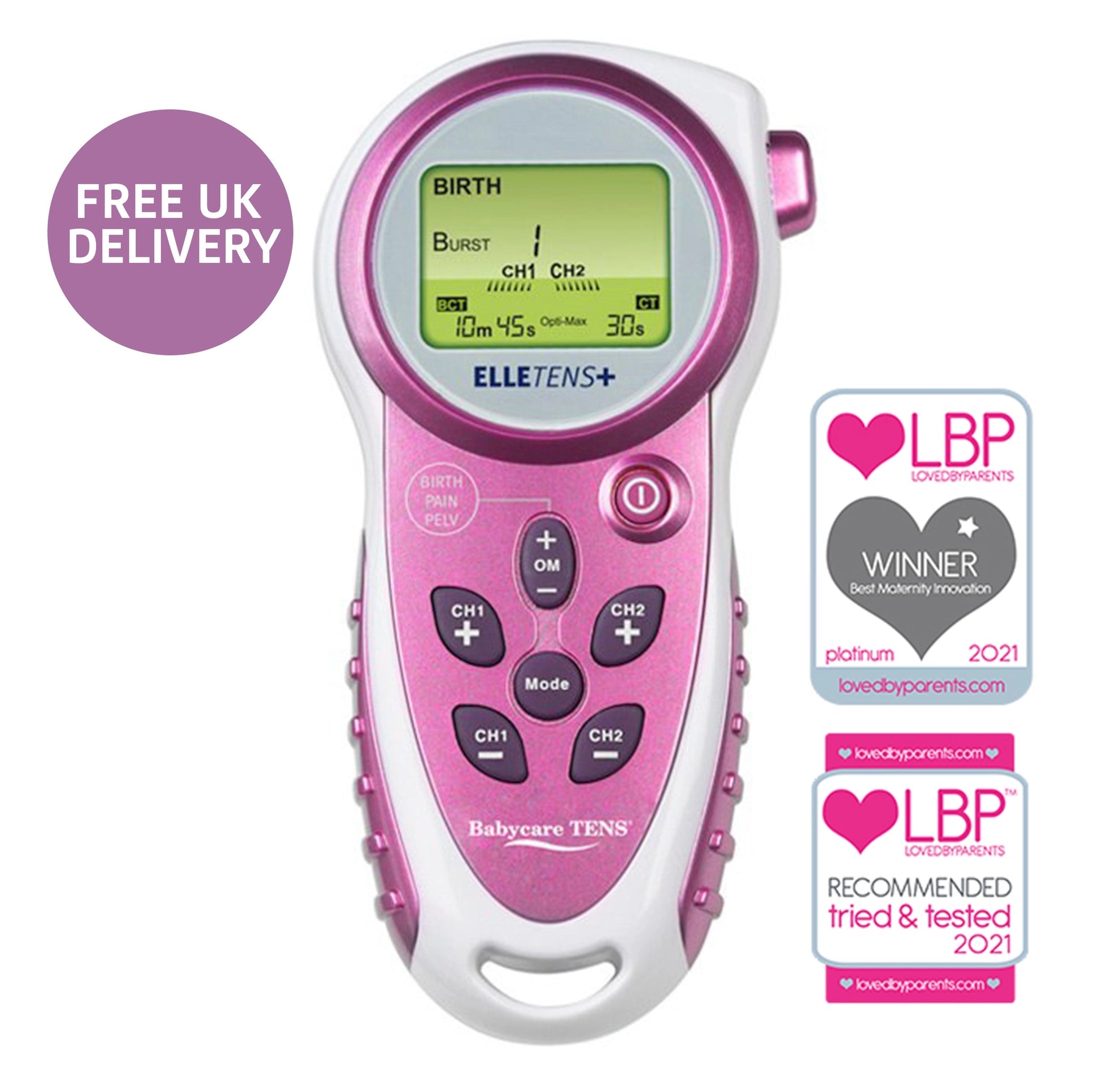 Image shows Babycare Tens Elle Plus + machine handset with free UK delivery. Awards for Winner of Best Maternity Innovation and Loved By Parents award tried and tested 2021