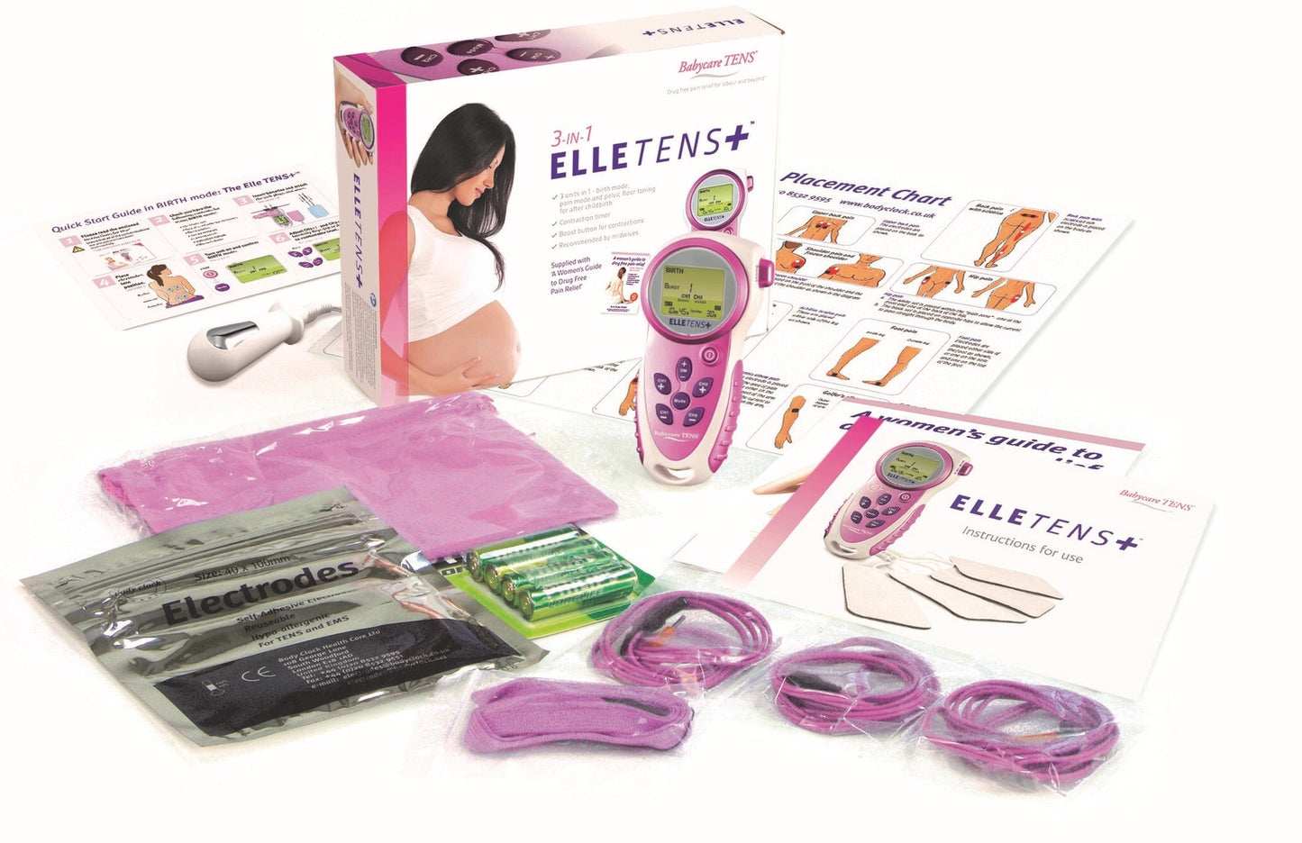 Image shows complete package. 3-in-1 Elle Tens plus + machine hand set, Instructions for use, lead wires, batteries, electrodes and a womens guide to drug free pain relief