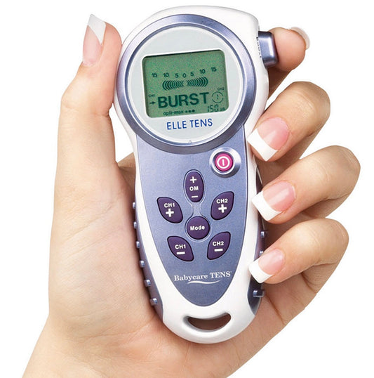 Image of hand holding Babycare Elle Tens machine displaying burst function/ setting
