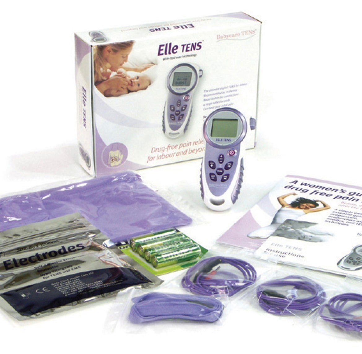 Image of Babycare Elle Tens box showing all components; machine, batteries, leads, carry neck cord, pouch and drug free pain guide