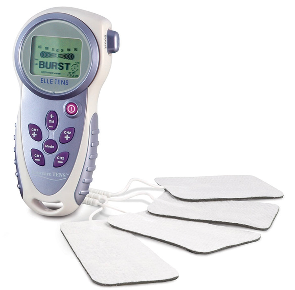 Image of Babycare Tens Elle machine with electrode maternity pads. The display shows boost function