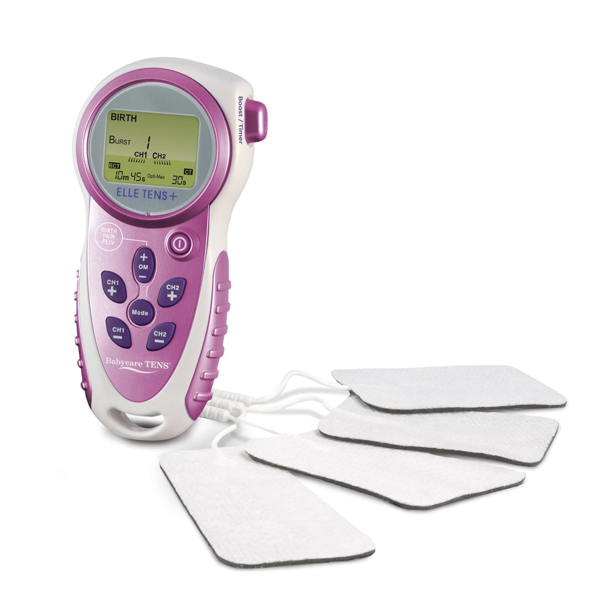 Image of Babycare Elle Tens plus + machine with electrodes attached. Display shows burst mode function